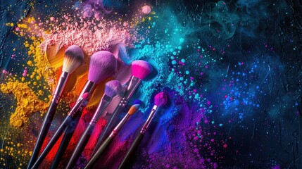 A striking top view of colorful makeup brushes and powders artistically arranged with copy space. - obrazy, fototapety, plakaty