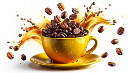 Against a white backdrop, a vibrant and energetic image showcases coffee splashes and beans swirling around a yellow cup and saucer.
