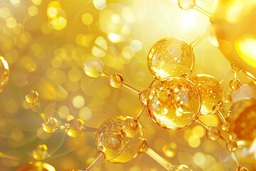 shiny golden face serum molecules structure, cosmetics ad