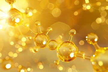 shiny golden face serum molecules structure, cosmetics ad
