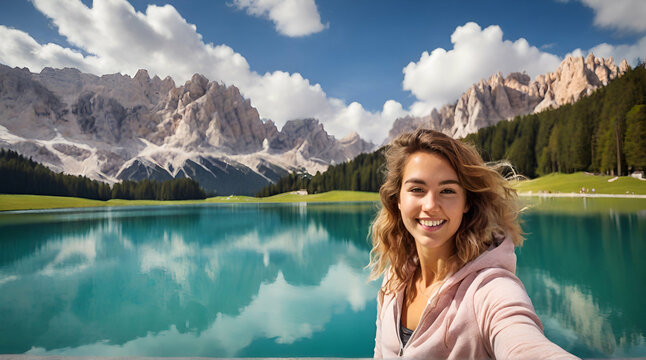Happy young woman making selfie on lake. generative.ai