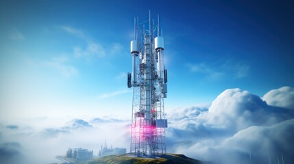 Telecommunication tower cellular. Macro Base Station. 5G radio network telecommunication equipment with radio modules and smart antennas mounted on metal against a clouds sky background. - obrazy, fototapety, plakaty