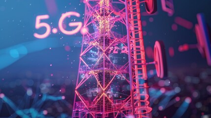 Telecommunication tower with 5G cellular network antenna on Smart city and abstract line and dot connect with gradient line design, big data connection technology concept.