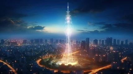 Fotobehang Telecommunication tower with 5G cellular network antenna on Smart city and abstract line and dot connect with gradient line design, big data connection technology concept. © inthasone