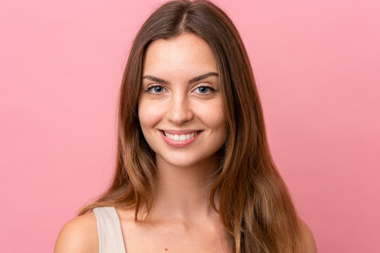 Portrait caucasian woman isolated on pink background . Portrait