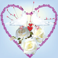 white doves and roses in heart shape frame