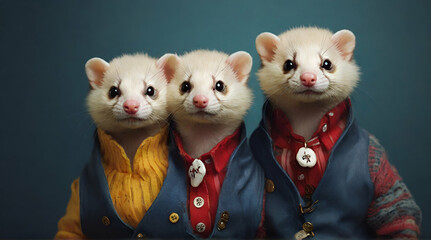 funny two ferret pet portrait ,fashionable animal art photo design, Generative Ai
