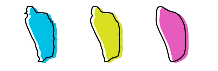 Dominica country black outline and colored country silhouettes in three different levels of smoothness. Simplified maps. Vector icons isolated on white background.