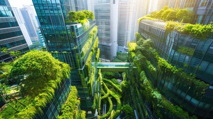 The image shows a futuristic city with skyscrapers covered in lush greenery.