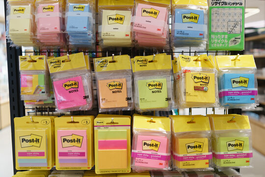 Kuala Lumpur, Malaysia - 13 FEB 2024: A variety of 3M brand Post-It Notes is displayed on a shelf in a shopping mall. The Post-it's signature adhesive was discovered accidentally by a scientist at 3M.