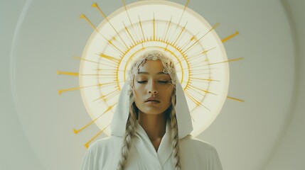 A serene woman in a contemplative state, adorned with a radiant halo, evoking themes of spirituality and enlightenment, ideal for metaphysical and inspirational contexts.
