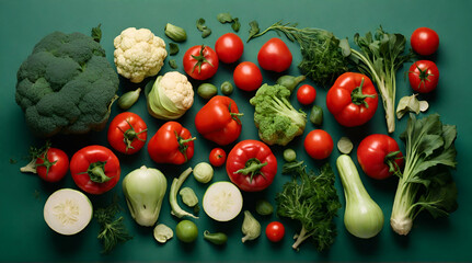 Flatlay of fresh vegetables on green background. generative.ai