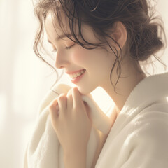 young beautiful woman smelling white towels in a white bathrobe - obrazy, fototapety, plakaty