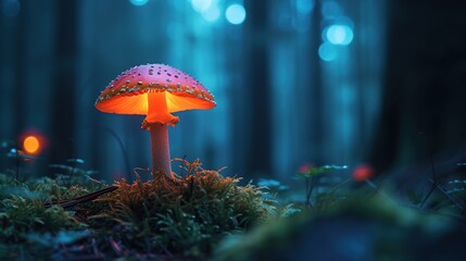 A luminous red mushroom stands out in a mystical blue forest, creating an aura of fantasy and mystery, suitable for themes of nature, magic, or otherworldly experiences, with text space.