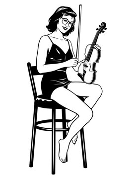 Girl in glasses and short dress with violin sitting on a chair. Black and white pin up style vector clipart.