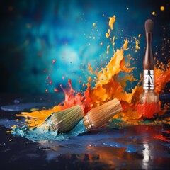 Colorful paint brush splashes on canvas, artist brushes closeup on artistic canvas - obrazy, fototapety, plakaty