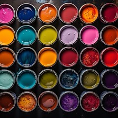Colorful array of paint cans, top view for artistic creativity and home improvement concept