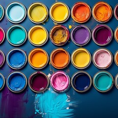 Colorful paint cans array, top view, artistic home improvement supplies for diy projects