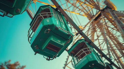 A close-up of a Ferris wheel gondola captures the thrill of amusement parks. Ideal for flyers or ads, it represents fun and excitement with a clear blue sky backdrop