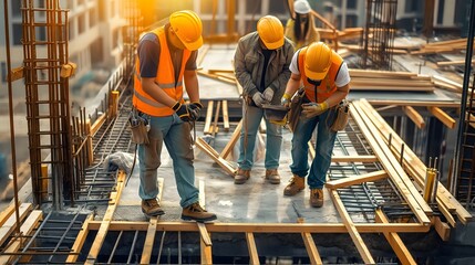 Bauarbeiter auf einer Großbaustelle mit Warnweste und Sicherheitshelm, Konzept wachsende Infrastruktur und Konjunktur