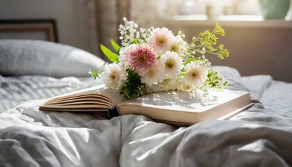Open book with bouquet of flowers on messy bed.