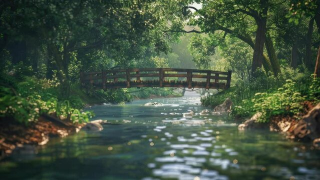 Calm River Bridge Over Flowing Waters, Generative AI