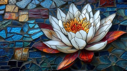stained glass art composition featuring a lotus flower, portraying its delicate petals and serene symbolism in a captivating mosaic design