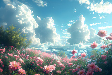 Field of Pink Flowers Under Cloudy Sky