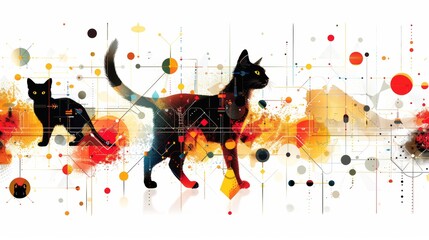 A black cat silhouette integrated into an abstract landscape of vibrant colors and geometric lines...