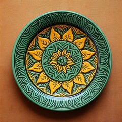 Decorative Moroccan ceramic hand painted plate, handmade, isolated, closeup top view. - 745076127