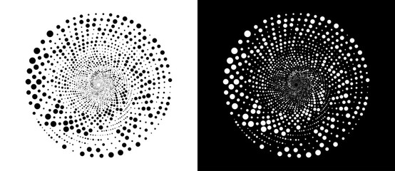 Abstract background with random dots in spiral. Art design circle as logo or icon. A black figure on a white background and an equally white figure on the black side.