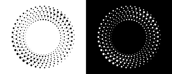 Abstract background with halftone dots in circle. Art design circle as logo or icon. A black figure on a white background and an equally white figure on the black side.