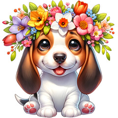Basset Hound cute puppy flowers wreath cartoon illustration 