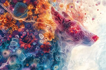 A mesmerizing digital artwork blending a dog's profile with cosmic and microscopic imagery in a dreamlike fusion.