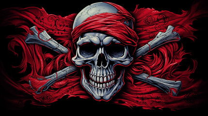 Piratenflagge gefährlicher Totenkopf, Freibeuter der Meere, Jolly Rogers auf einer Fahne - obrazy, fototapety, plakaty