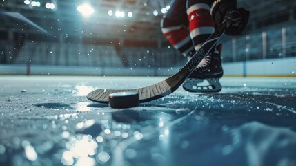 Close up of ice hockey stick on ice rink in position to hit hockey puck.
