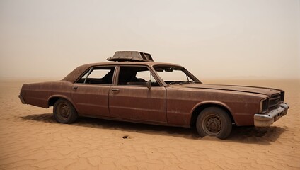 "Deserted Car in a Dusty Red Landscape: A Post-Apocalyptic Scene"