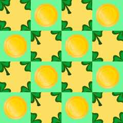 Vector seamless geometric pattern for St. Patrick's Day. Gold coins and clover.