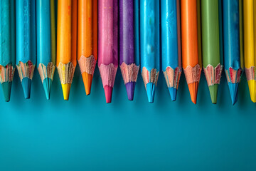 Row of Colored Pencils Against Blue Background