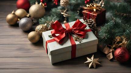 Fototapeta na wymiar Green background with christmas decorative items such as red bow, gold gift box, gold star, green bow and gold bell, Festive Holiday Decorations, Top view. generative.ai