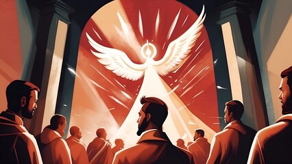Shavuot, Pentecost sunday holy spirit, Dove, Holy Spirit, and Flame for Pentecost illustration. - obrazy, fototapety, plakaty