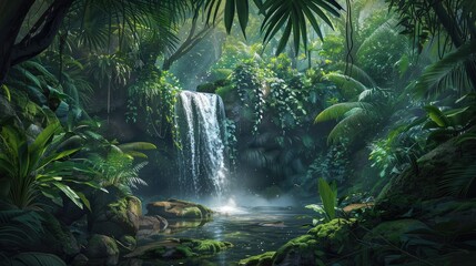 Hidden rain forest waterfall with lush foliage and mossy rocks - obrazy, fototapety, plakaty