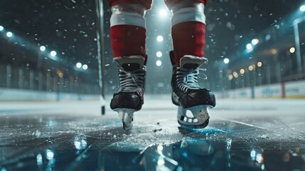 Hockey player stand on face-off spot. Legs only view - obrazy, fototapety, plakaty