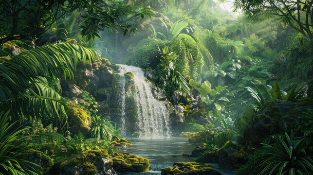 Hidden rain forest waterfall with lush foliage and mossy rocks