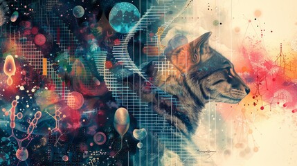An imaginative abstract depiction of a cat merged with a cosmic background.