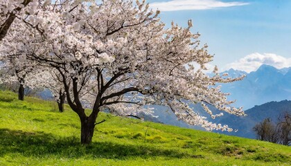 Fototapeta premium Fruit tree with blooming flowers on branches of fruit tree. Green meadow. Natural backdrop. Spring landscape