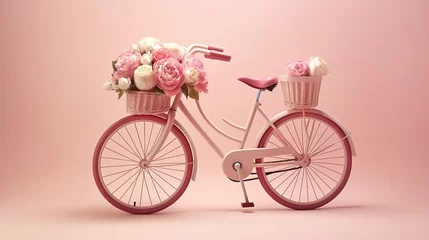 Keuken spatwand met foto Glamorous pink bicycle with flower basket on pink background. Generative AI © Stanislava