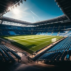Fototapeta premium Deserted football stadium with open roof surrounded by empty stands on a sunny, bright day