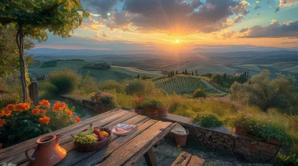 Fotobehang a magnificent sunset over the Tuscan countryside from a rustic terrace, this scene evokes peace and freedom, blending the beauty of the landscape with the serene atmosphere of Italy. Ai generated © The Strange Binder