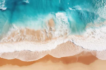 Foto op Canvas Relaxing aerial beach scene, summer vacation holiday template banner. Waves surf with amazing blue ocean lagoon, sea shore, coastline. Perfect aerial drone top view. Peaceful bright beach, seaside © decorator